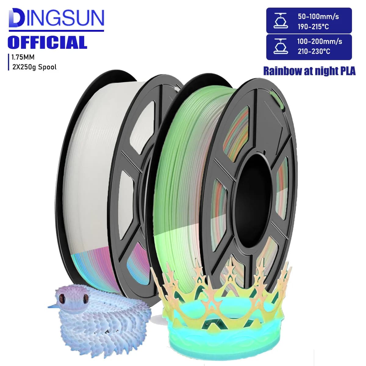 Filament PLA that illuminates in the dark multicolored, rainbow PLA filament, color change of the filament of the 3D foamed printer, 250/500 g/1 kg coil