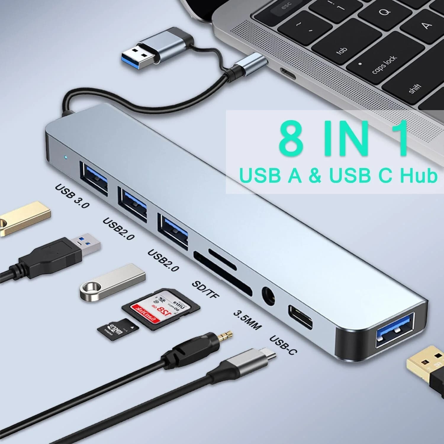 Hub USB-C 8 in 2 con USB 3.0, Lettore di Schede SD/TF e Jack Audio da 3,5mm per MacBook/PC/Laptop/Tablet - Splitter