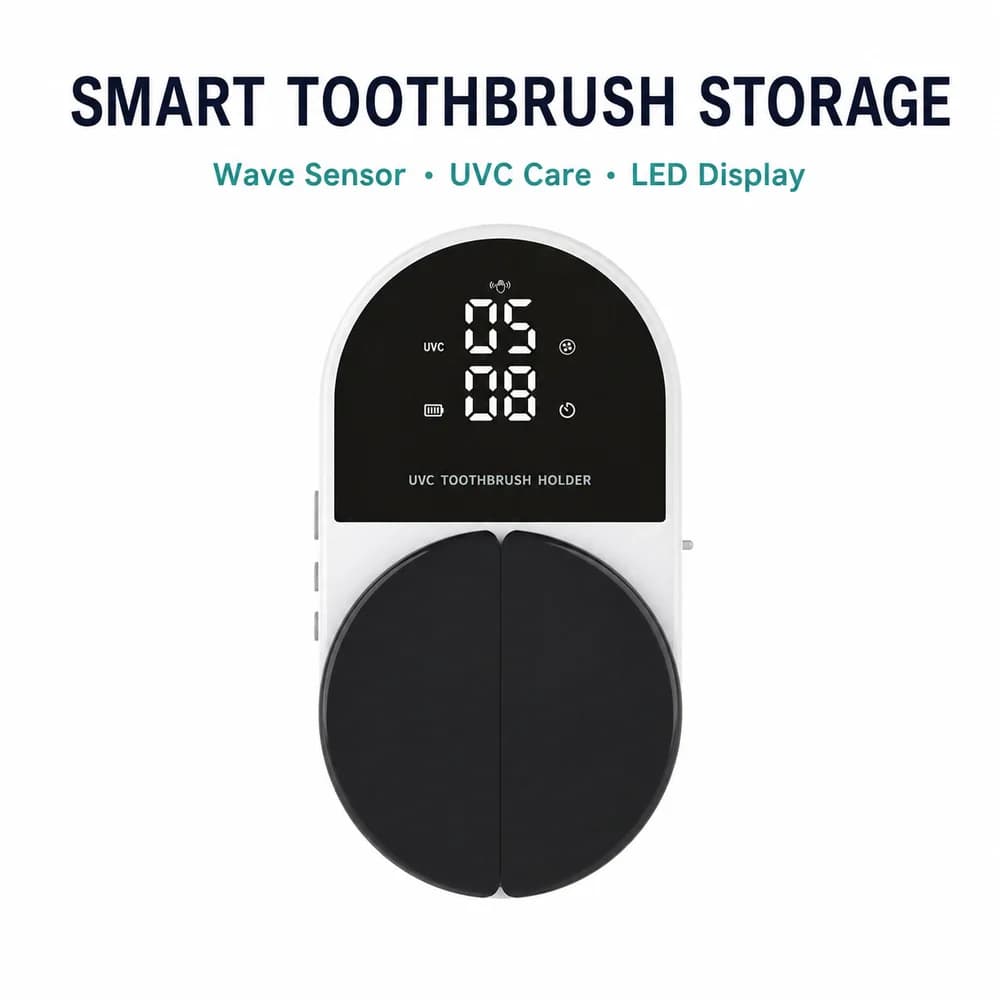 UVC Toothbrush Holder with Wave Sensor LED Clock USB-C Rechargeable 2000mAh Battery Wall Mounted 2 Slot Bathroom Organizer White