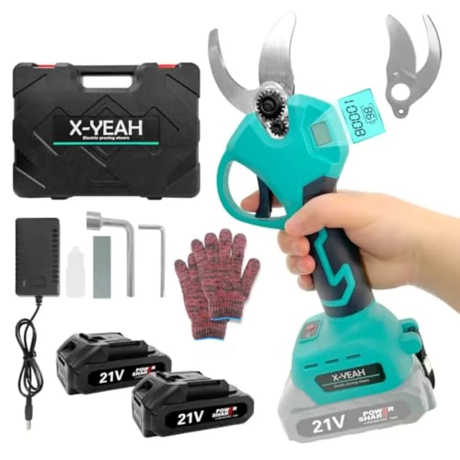 Set di Forbici Elettriche da Potatura - Cesoie da Giardino Senza Fili con Motore Brushless da 21V, 2 Batterie da 2000mAh e Kit Caricabatterie
