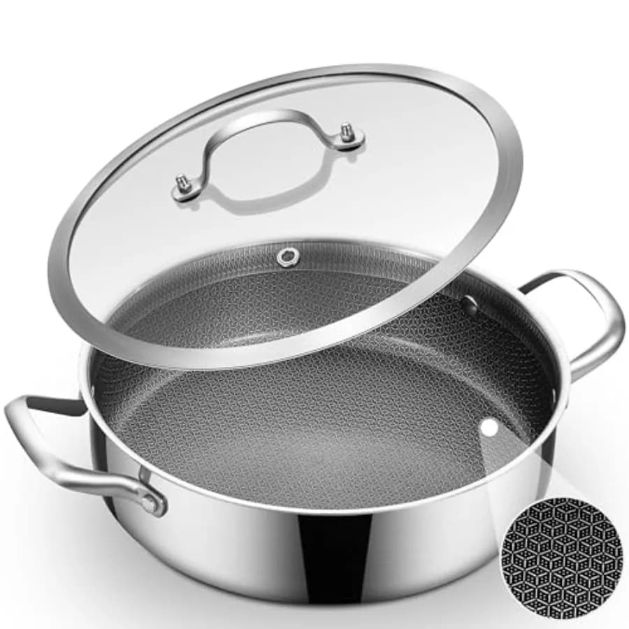 5 QT Hybrid Plate with Cover, Stainless Steel Tri-Ply, 12-inch Deep Plate, PFOA and PFOS Kitchen Tools, Compatible with Induction