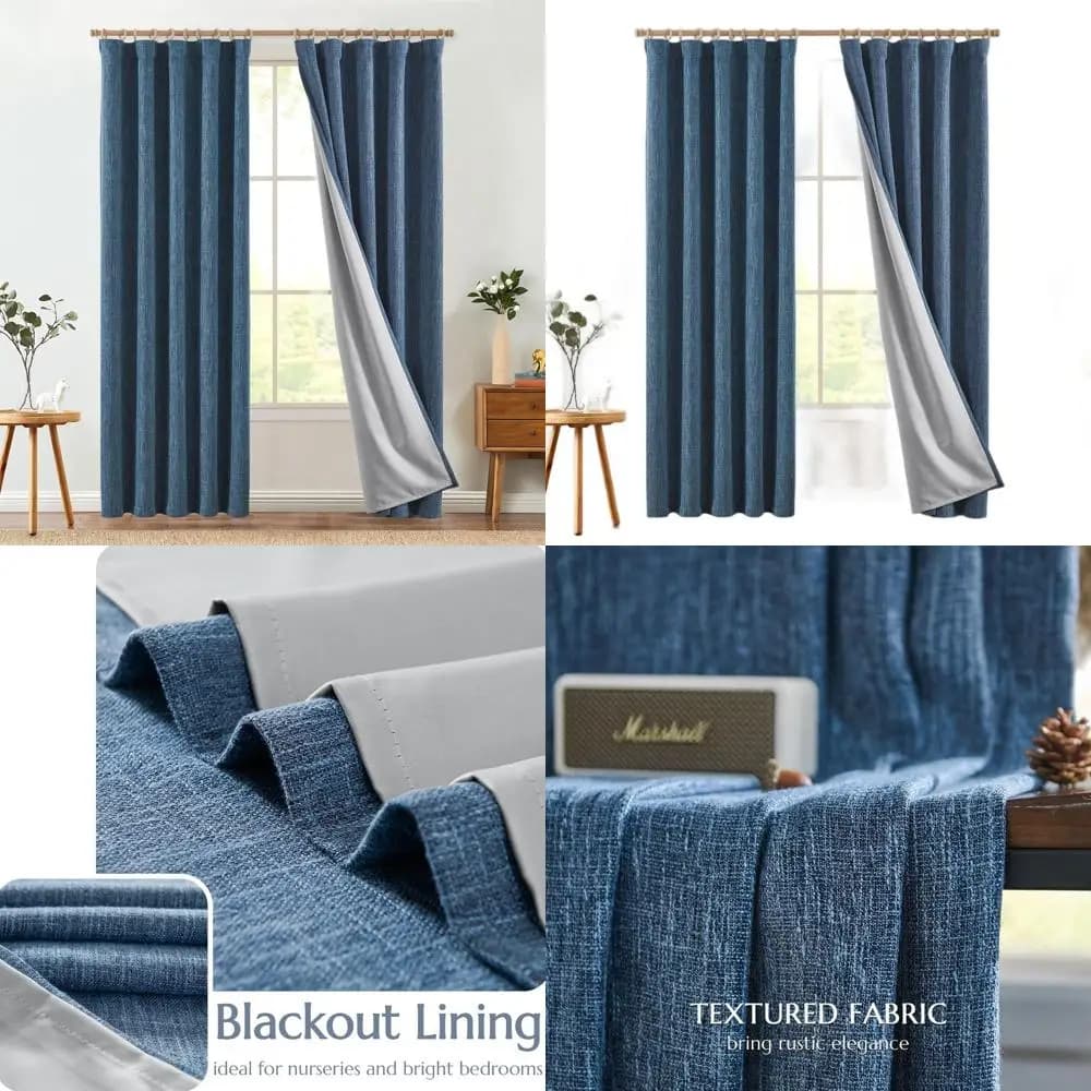 Tende Oscuranti in Lino Testurizzato, 84 Pollici per Camera da Letto e Soggiorno, Stile Country Francese, Set di 2 Pannelli Blu