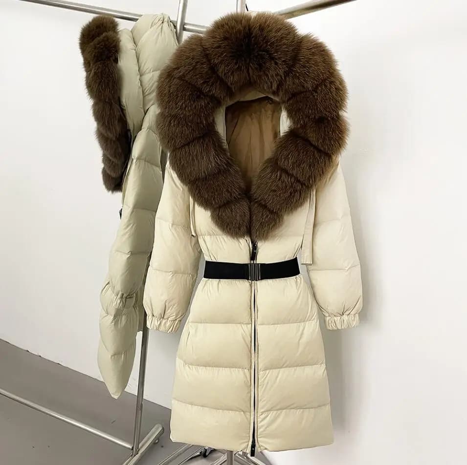 Delle nuove donne di Spessore Caldo 90% Piumino D'anatra Bianca Cappotto Lungo Giacca Invernale da Donna Reale Grande Pelliccia di Volpe Cintura Del Collo Allentato Piumino Parka