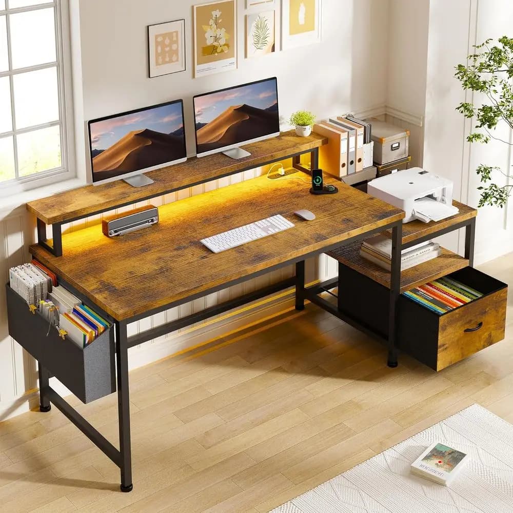 Desk Directional from 57 Pollici with Cassetti, Ripiano per Stampante, Prese di Corrente, Armadietto Portadocumenti e Supporto Monitor in Marrone Rustico