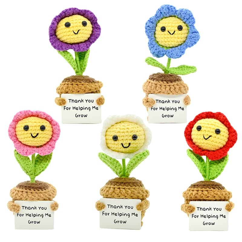Bambola all'uncinetto Girasole PlantSeries PositiveEnergy, Pianta in Vaso Lavorata a Mano con Carta di Incoraggiamento, Mini Decorazione da Scrivania, Regalo