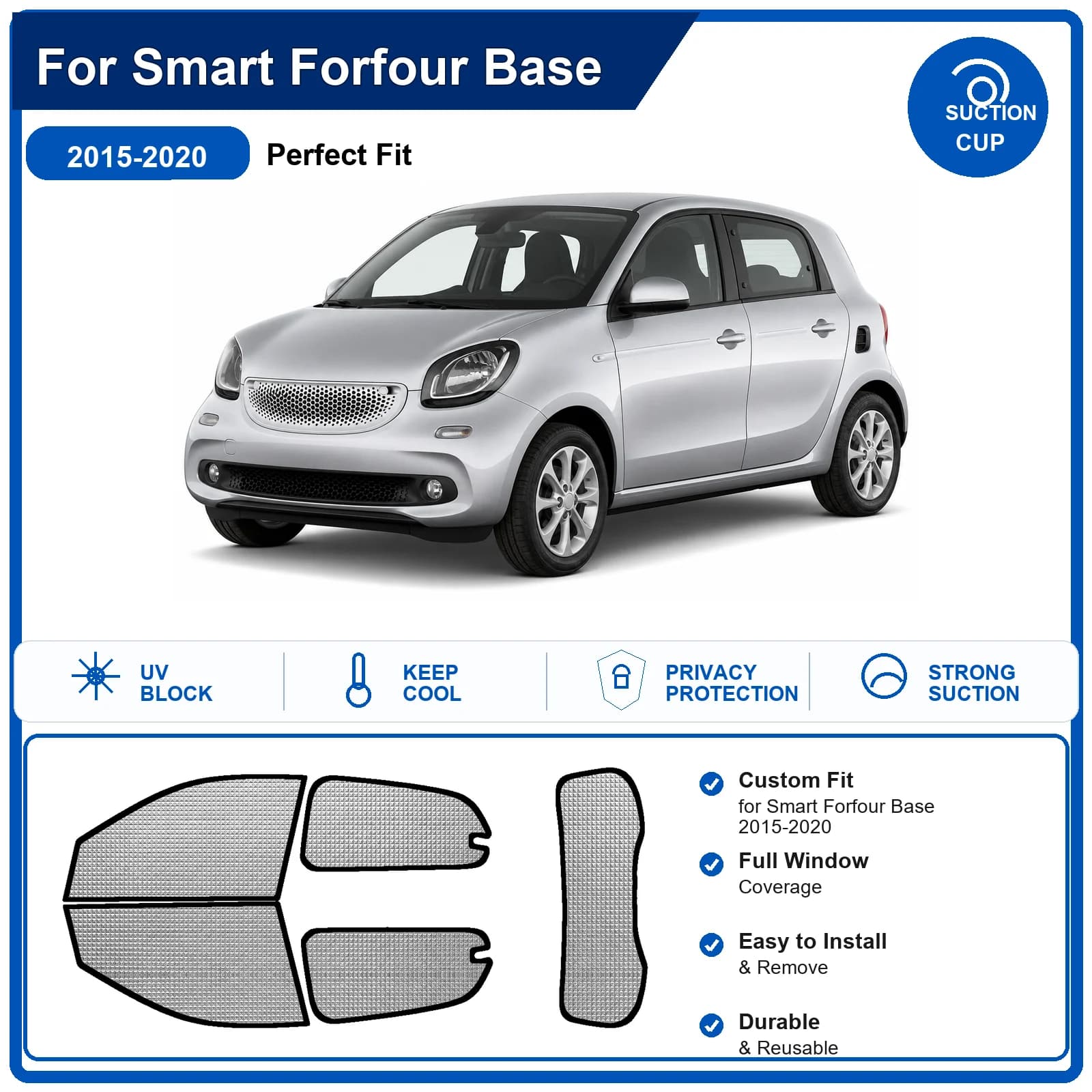 For Smart Forfour Base 2015-2020 Custom Full Set Windshield Sun Shade Aluminum Foil Heat Insulation Anti UV Foldable