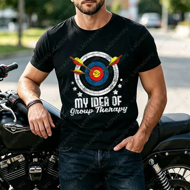 Archery Target & Grow Relax Graphic T-Shirt with "My Idea of Group Thenapy" Slogan 100% Cotton Short Sleeve Casual Sports Tshirt