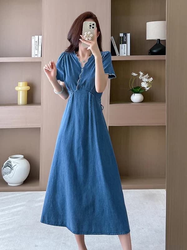 Elegant V-neck Denim Dress Women's Summer New Waist-cinching Slimming Ruffle Mid-length A-line Skirt City Commute Dress
