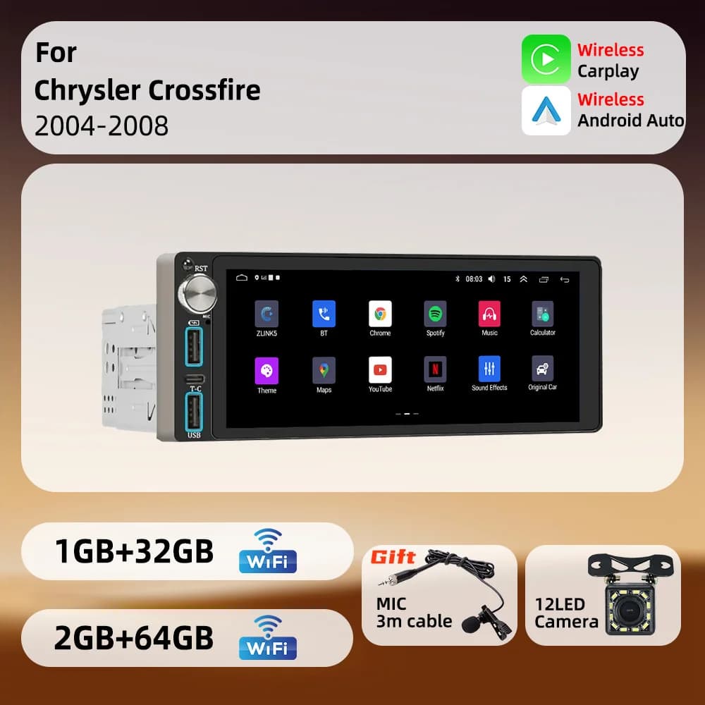 Carplay 1 Din Radio Android Car Multimedia for Chrysler Crossfire 2004-2008 6.86" Screen Head Unit Autoradio GPS Navigation