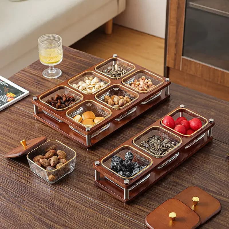 Vassoio per snack di frutta in vetro deluxe Soggiorno domestico con griglia di copertura Vassoio per caramelle Dim Sum creativo per frutta secca