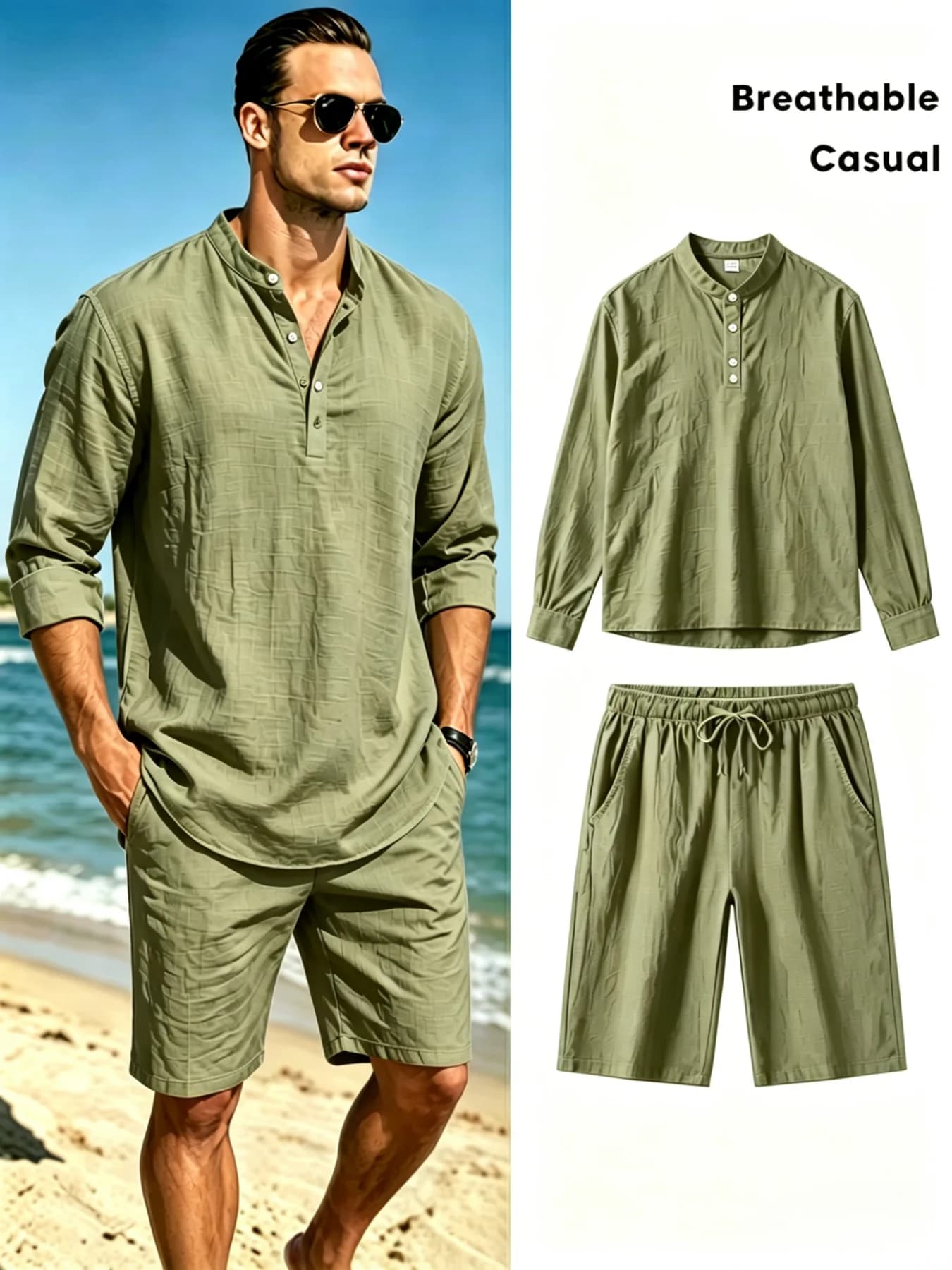 mens cotton linen henley shirt and shorts set breathable casual two piece outfit with drawstring shorts for summer beach