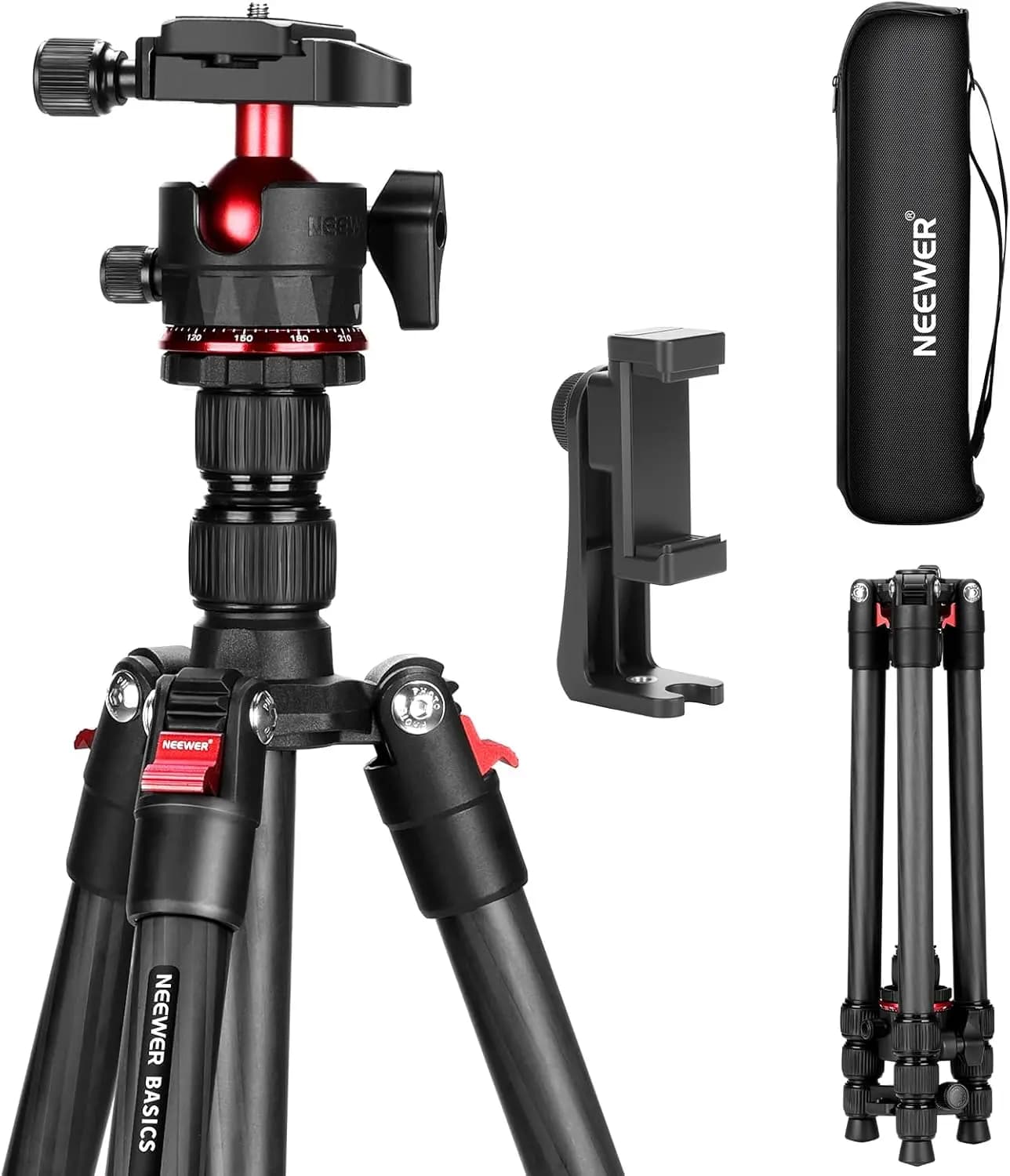 Treppiede da viaggio compatto in fibra di carbonio da 64", supporto per fotocamera portatile leggero con testa a sfera Arca e supporto per telefono, carico massimo 13,2 libbre