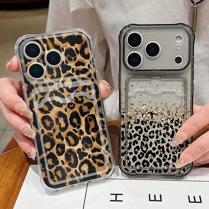 Custodia Trasparente con Slot per Carte per iPhone 17e 17 Pro Max 16 15 14 13 Pro Max 16e 11, Cover Morbida in Silicone con Motivo Leopardato Marrone