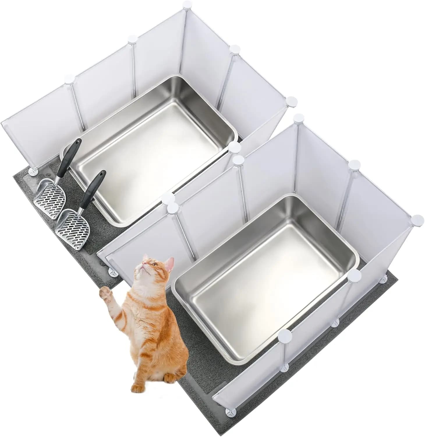 Set di 2 Lettiere Giganti Extra Large in Acciaio Inossidabile per Gatti (61 x 41 x 15 cm) con 2 Paletti in Metallo per Lettiere, 16 Litri