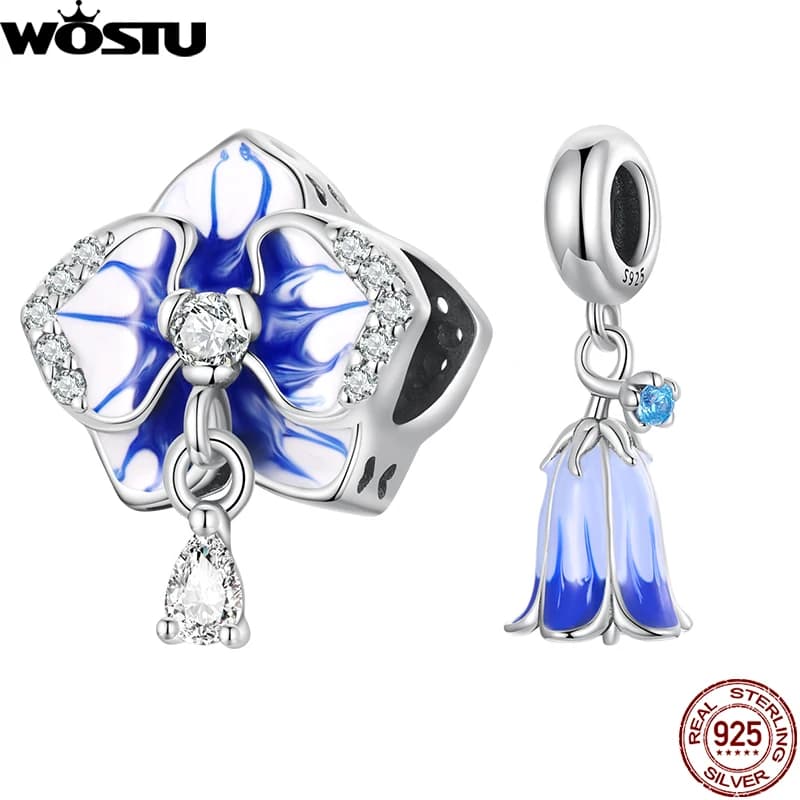WOSTU 925 Sterling Silver harrebells Hanging Bead Butterfly Orchid Blue Flower Charms Fit braccialetto originale ciondolo gioielli fai da te