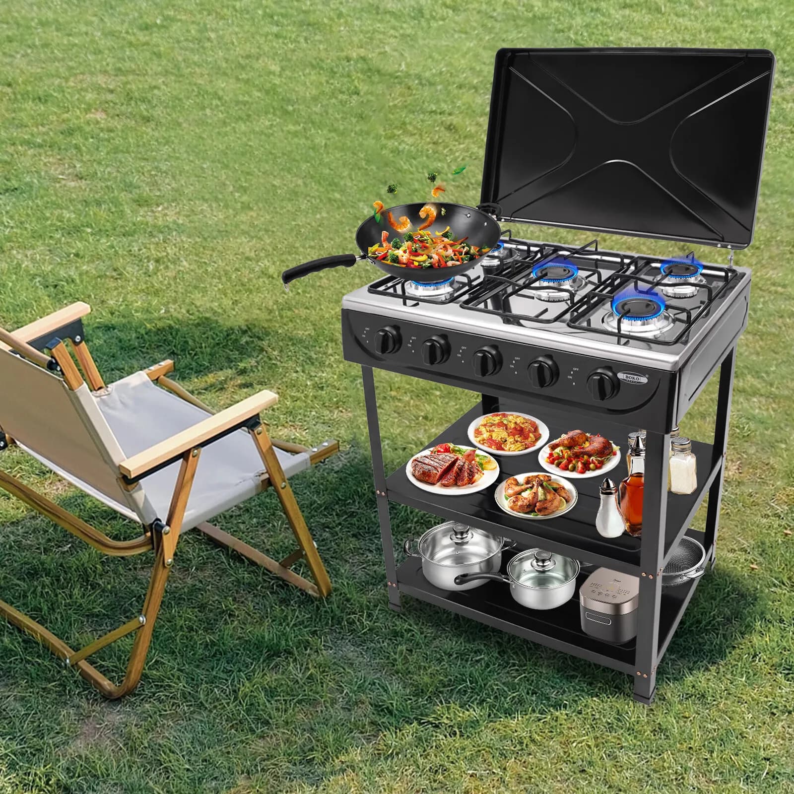 5 outdoor camping gas cooker with barbecue grill with storage rack at 2 levels