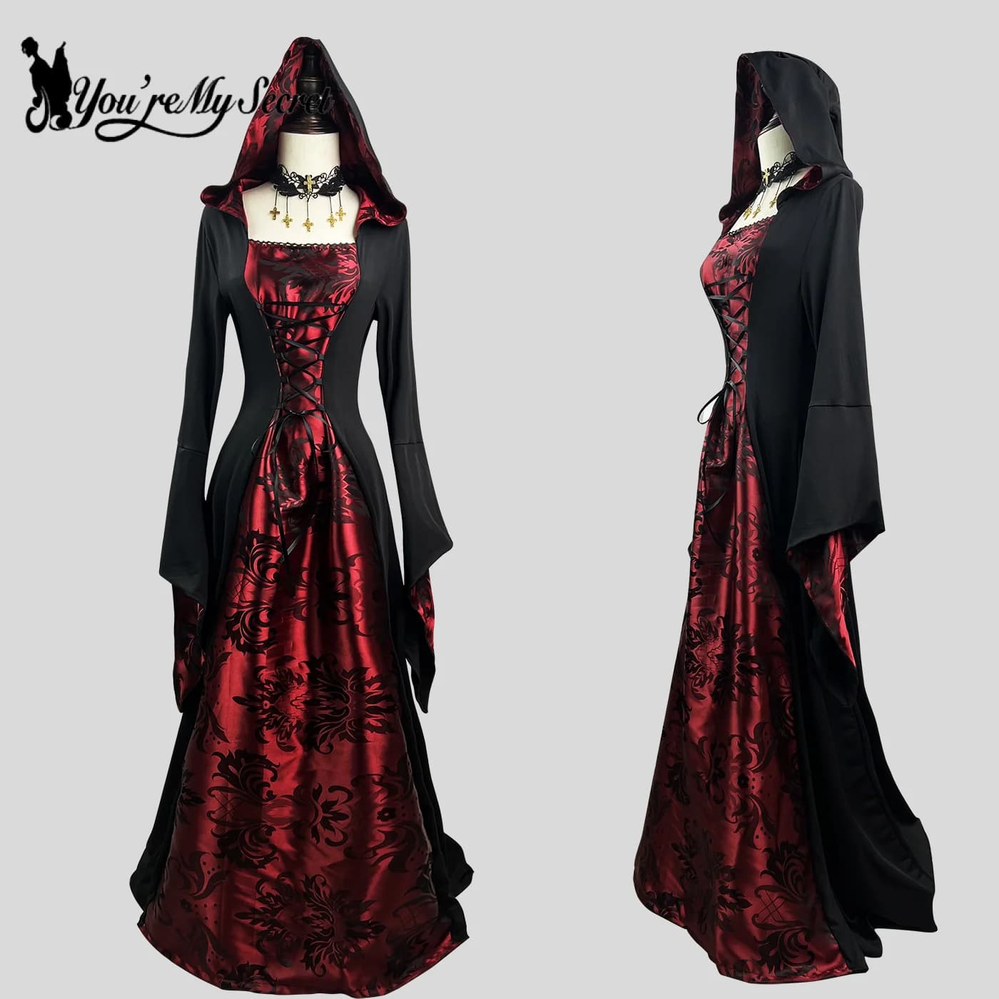 [Sei il mio segreto] Abito da donna Cosplay Vampiro Halloween Carnevale Festa Costume adulto Medievale Retro Gotico Felpa con cappuccio Abito da strega