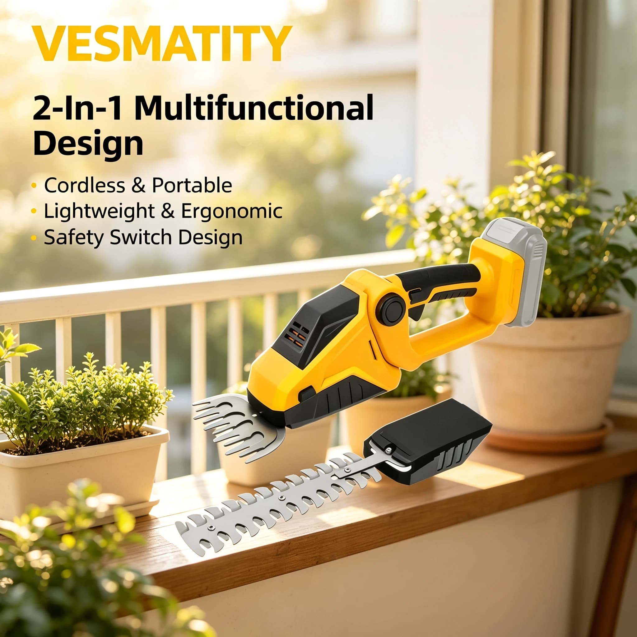 Vesmatity 2‑In‑1 Grass Shear Hedge Trimmer Cordless Brushless 90° Head Handheld for Dewalt Battery Garden Bush Pruning