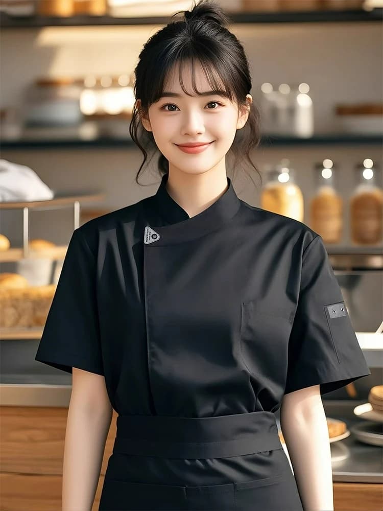 Giacca da cuoco da donna a maniche corte, uniforme da cucina, barbiere, barista, pasticceria, ristorante, cameriere