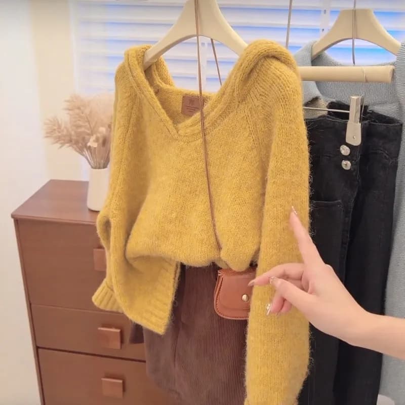 Yellow Solid Color Casual Pullover Wave Element Fashionable Korean Style Soft Cozy Long Sleeve Hoodie Knitted Sweater