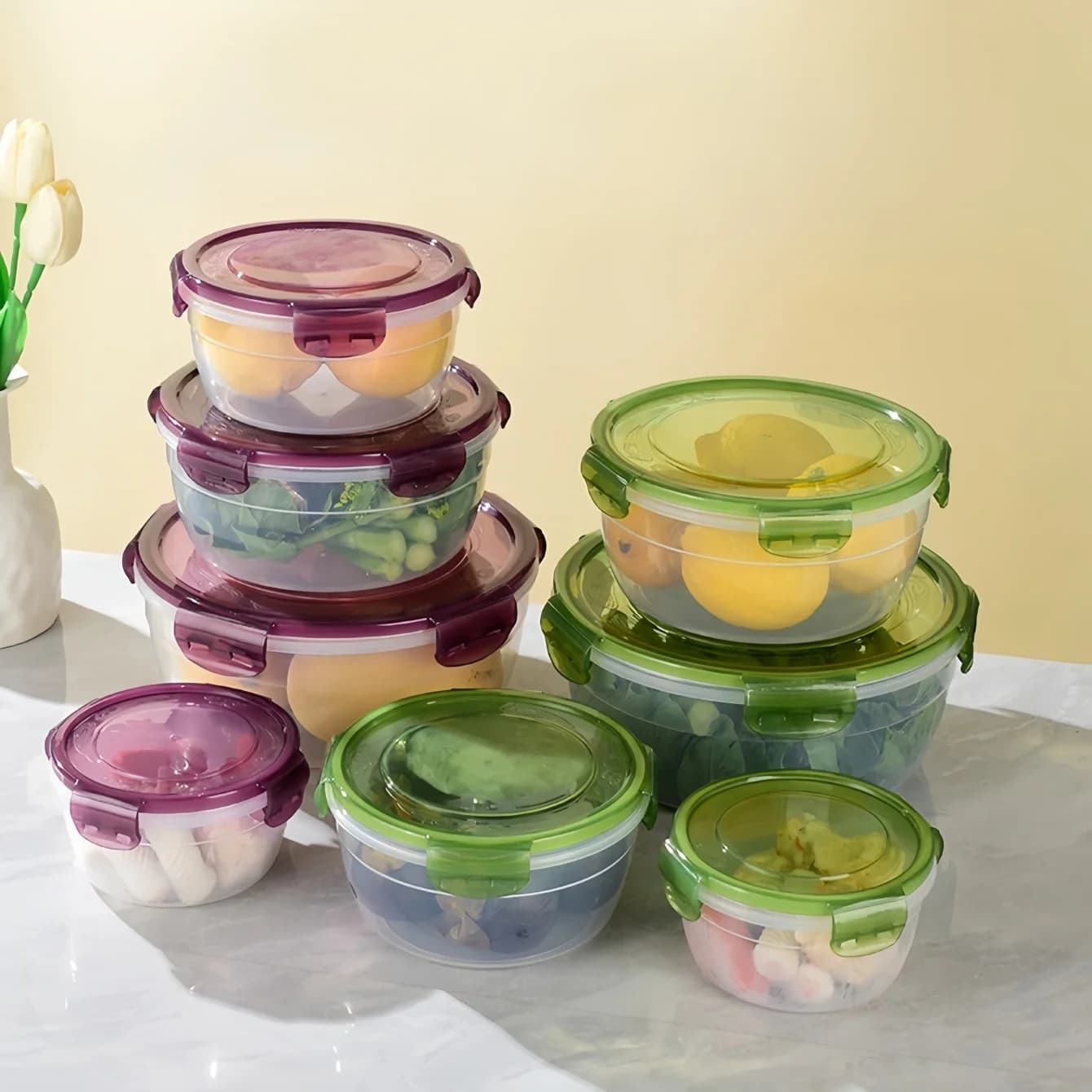 Ciotole in plastica da 4 pezzi con coperchio Contenitore per alimenti a tenuta stagna Contenitori per la preparazione dei pasti Bento Box, Scatole per il pranzo rotonde adatte al microonde