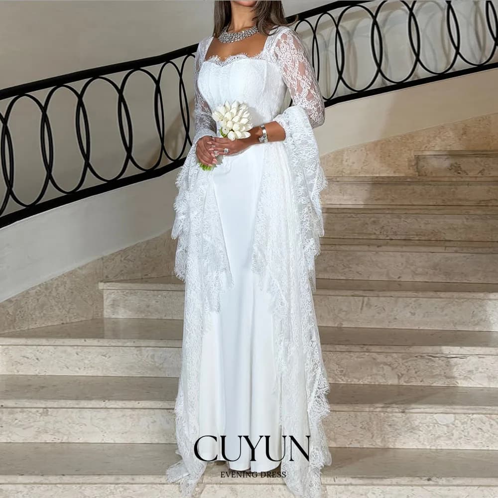 CUYUN Abito da sera bianco da donna con maniche svasate in pizzo Abiti da sposa sauditi di lusso personalizzati Dubai Abito lungo da festa di nozze 2026