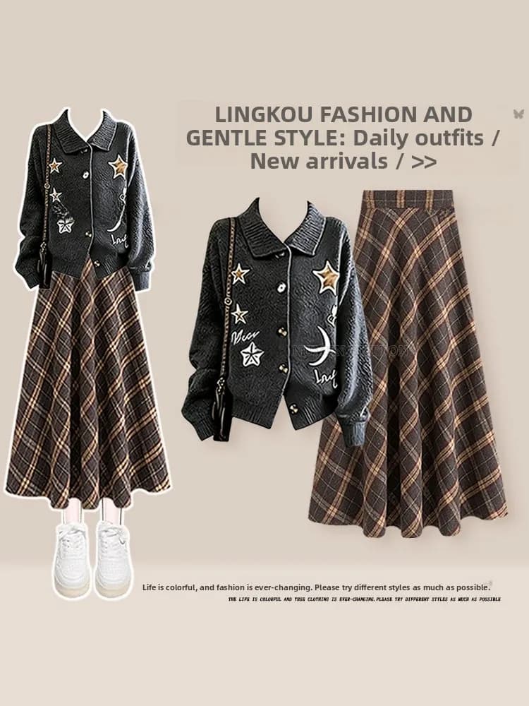 Large Size Autumn Winter Casual Knitted Cardigan And Plaid Skirt Two-Piece Set for Women Slimming High Waist Design