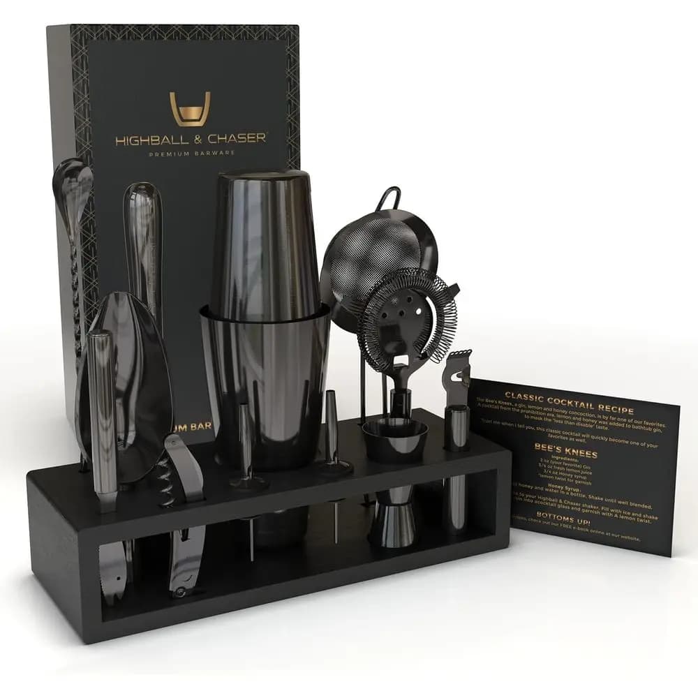 Set da Cocktail Boston in Acciaio Inossidabile Nero da 15 Pezzi con Accessori per Mixology e Bartending