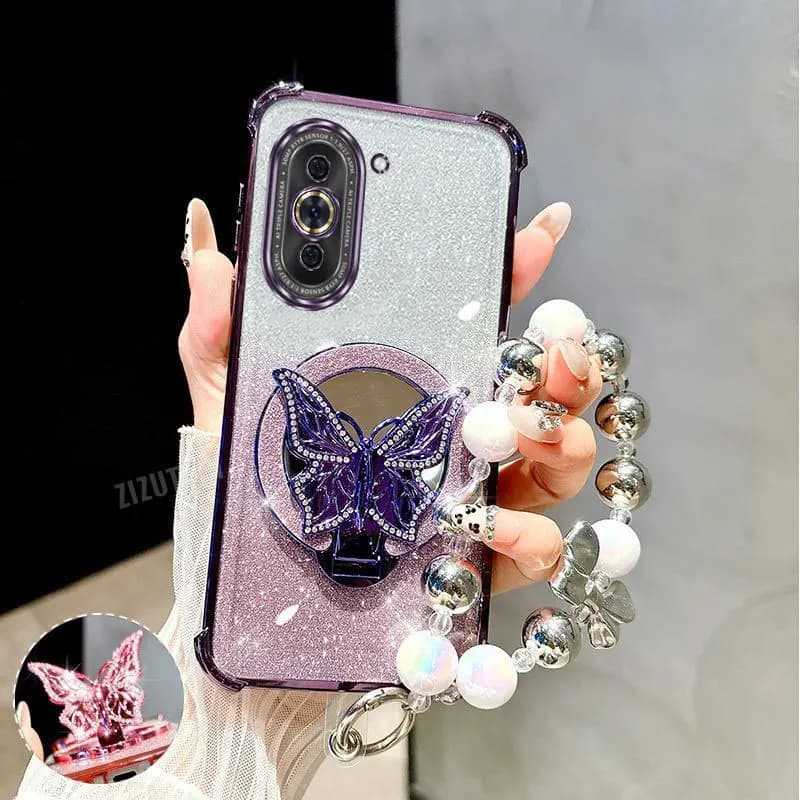 Pearl Strap Lanyard Glitter Charm Butterfly Phone Holder Case On For Huawei Nova 4e 7 8 9 10 11 12 13 SE Pro Stand Back Cover