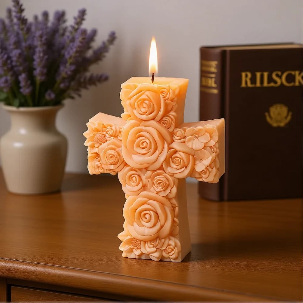 Rose Flower Mold Heat-Resistant Cross Candle Mold Aromatherapy Candle Mold Reusable For Baptism Gifts Epoxy Art Easter