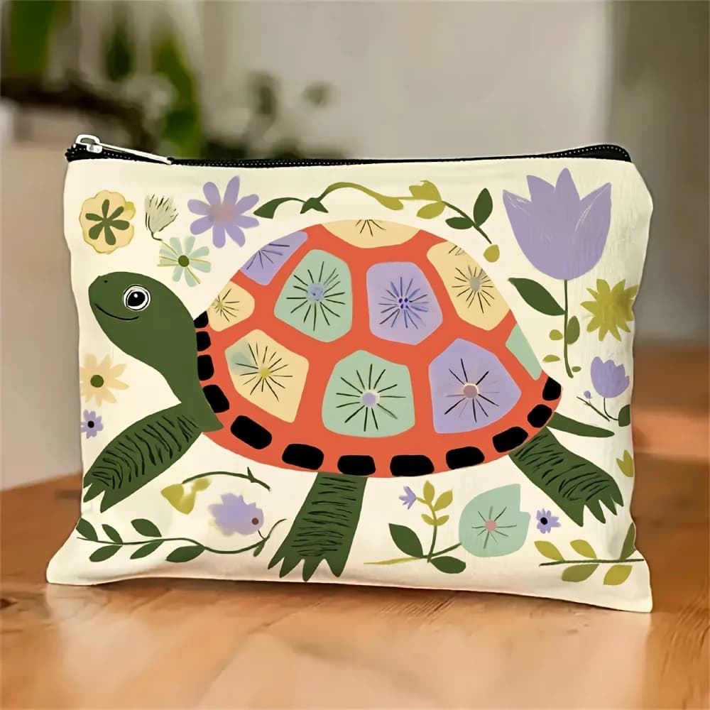 Borsa per il trucco AFashionable con stampa floreale tartaruga - custodia multifunzionale con cerniera, borsa per riporre gioielli, cerniera da viaggio perfetta piccola