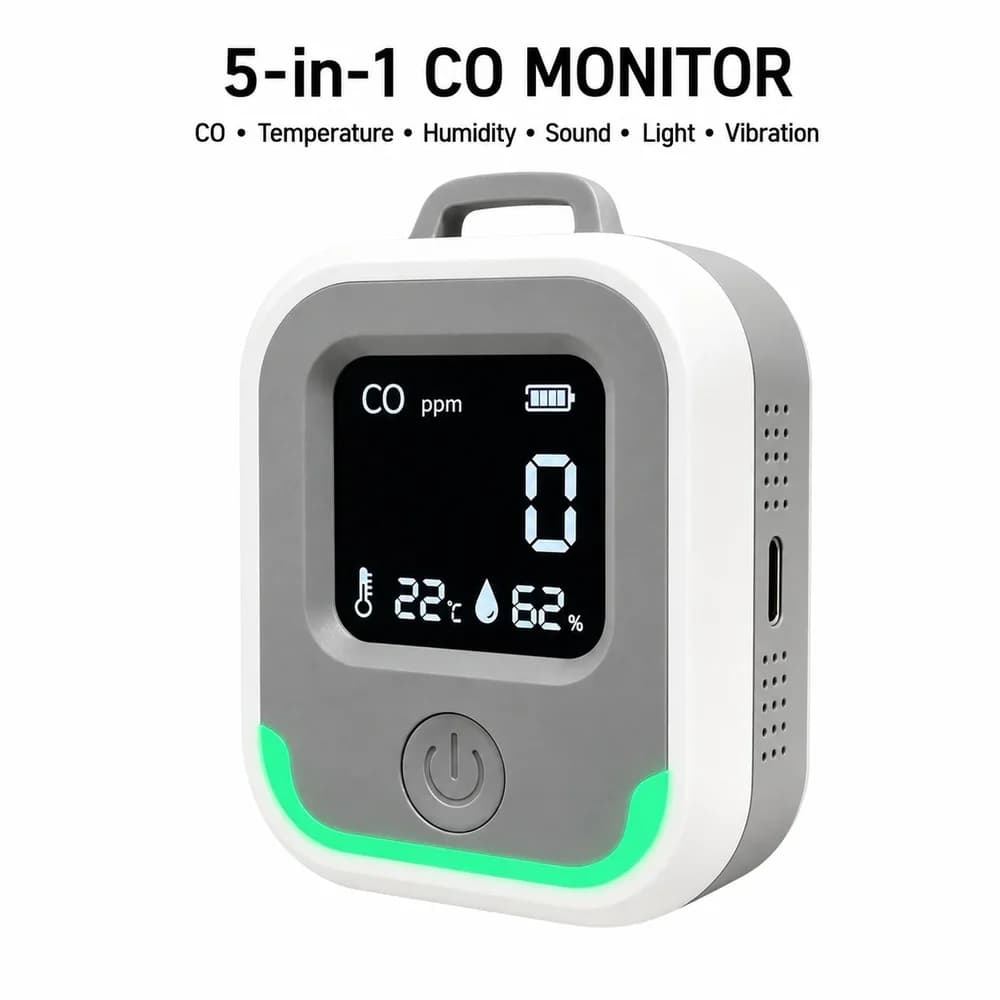 Portable Carbon Monoxide Detector 5 in 1 CO Monitor with Temperature Humidity Sound Light Vibration Alarm USB C Rechargeable New