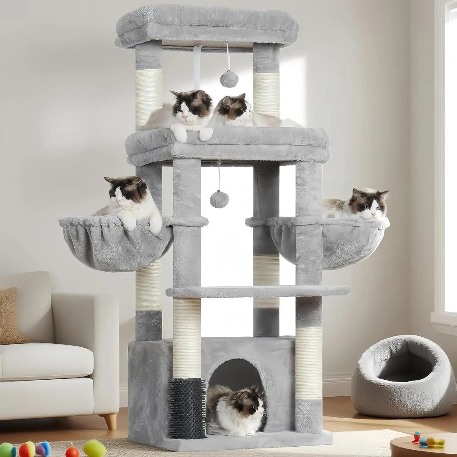 Torre Tiragraffi per Gatti, con Piattaforma Extra Grande, Cuccia Spaziosa, 2 Ammaccabili Amache, Spazzola per Auto-Pulizia