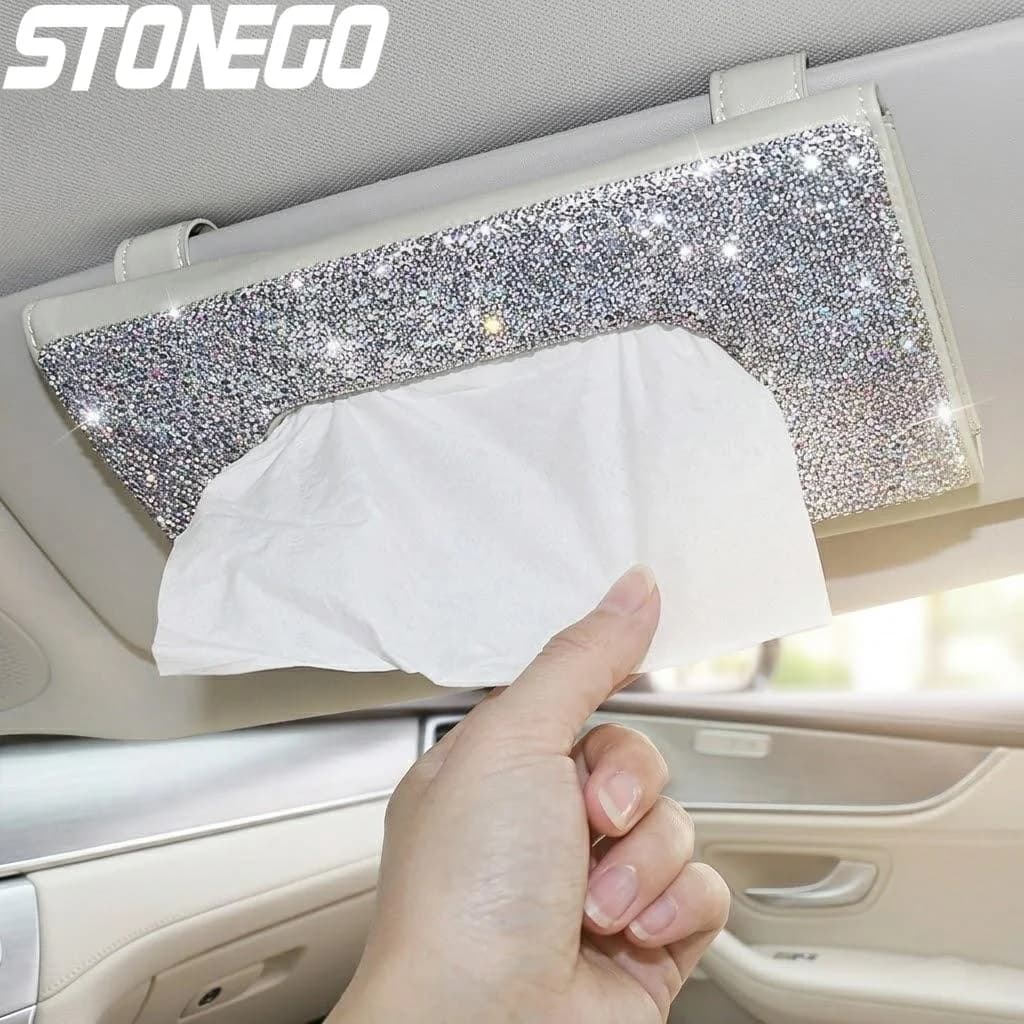 Porta Fazzoletti da Auto in Pelle PU da Appendere al Parasole, Organizzatore per Fazzoletti, Copertura per Asciugamani in Carta con Cristalli per Sedile Posteriore