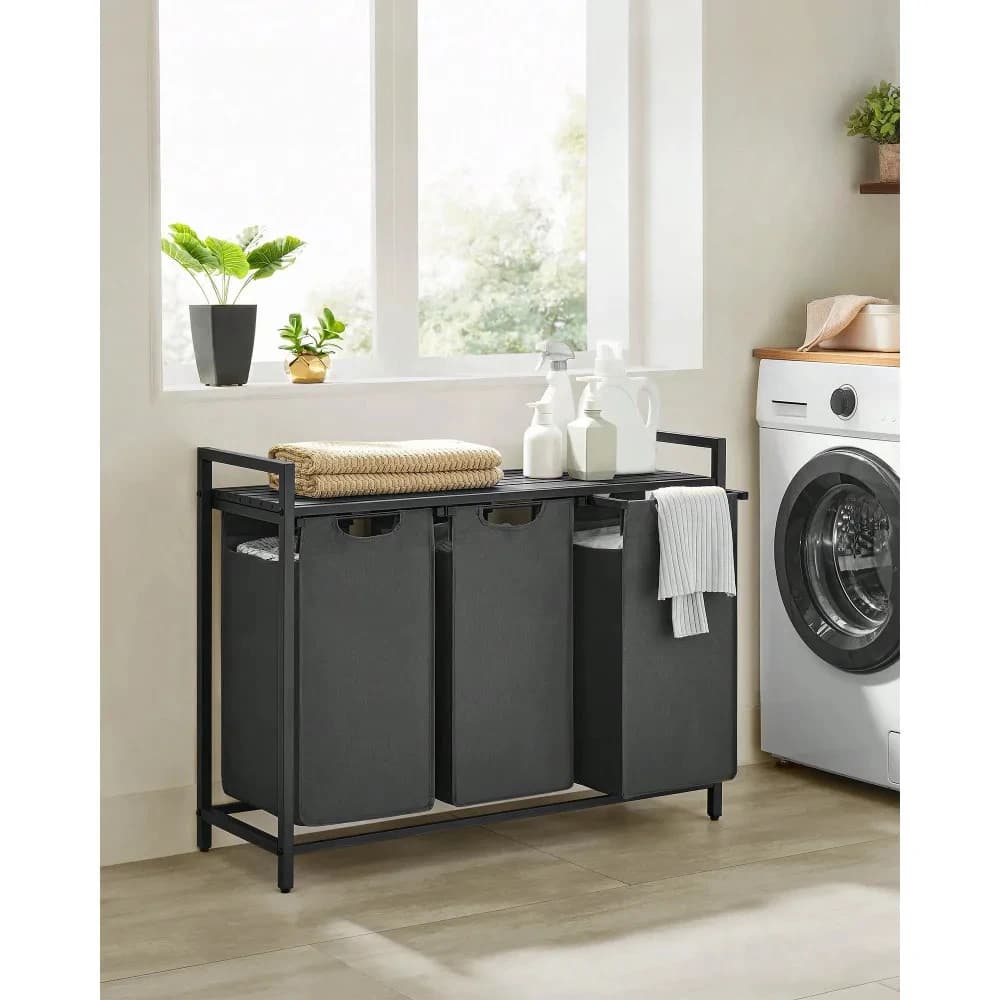 Cesto per Bucato con 3 Sacchi Rimovibili e Ripiano Portaoggetti, 10 Galloni per Sacco, Organizzatore per Lavanderia e Bagno
