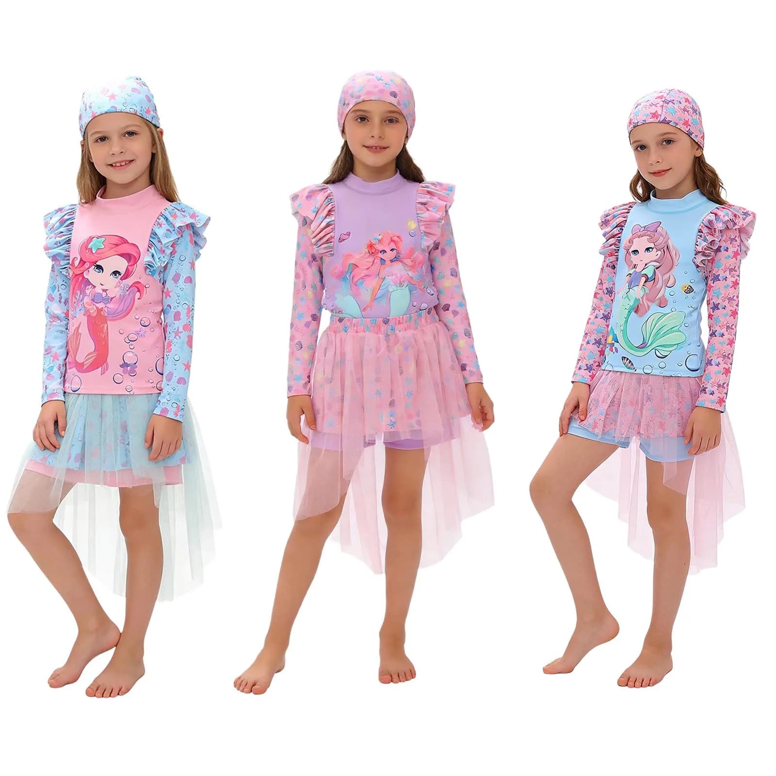 Children's swimsuit, 3 pieces, swimsuit with mermaid print, long sleeve swimsuit with mesh skirt, hat, beach swimsuit