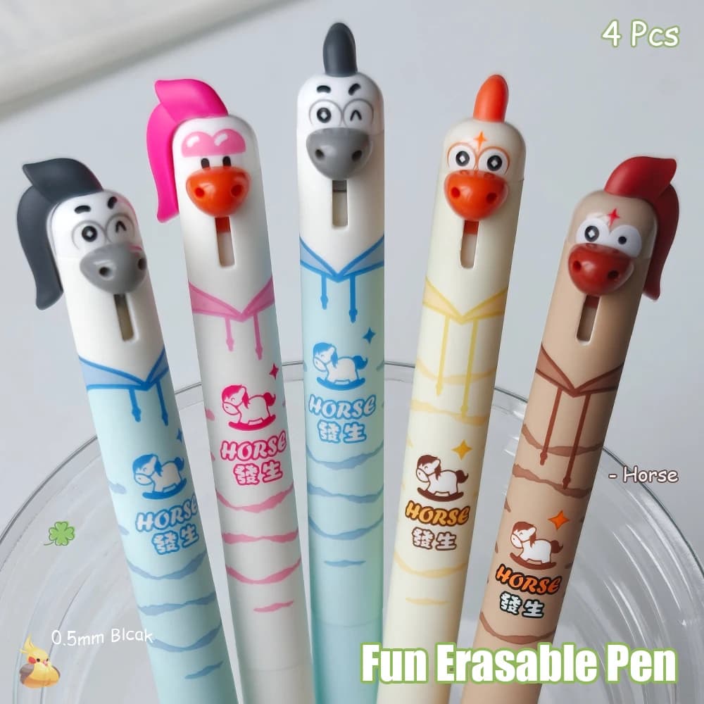 Set di 4 Penne Gel Cancellabili a Forma di Cavallo, 0.5mm, Blu, Design Divertente e Minimalista per Scuola e Ufficio