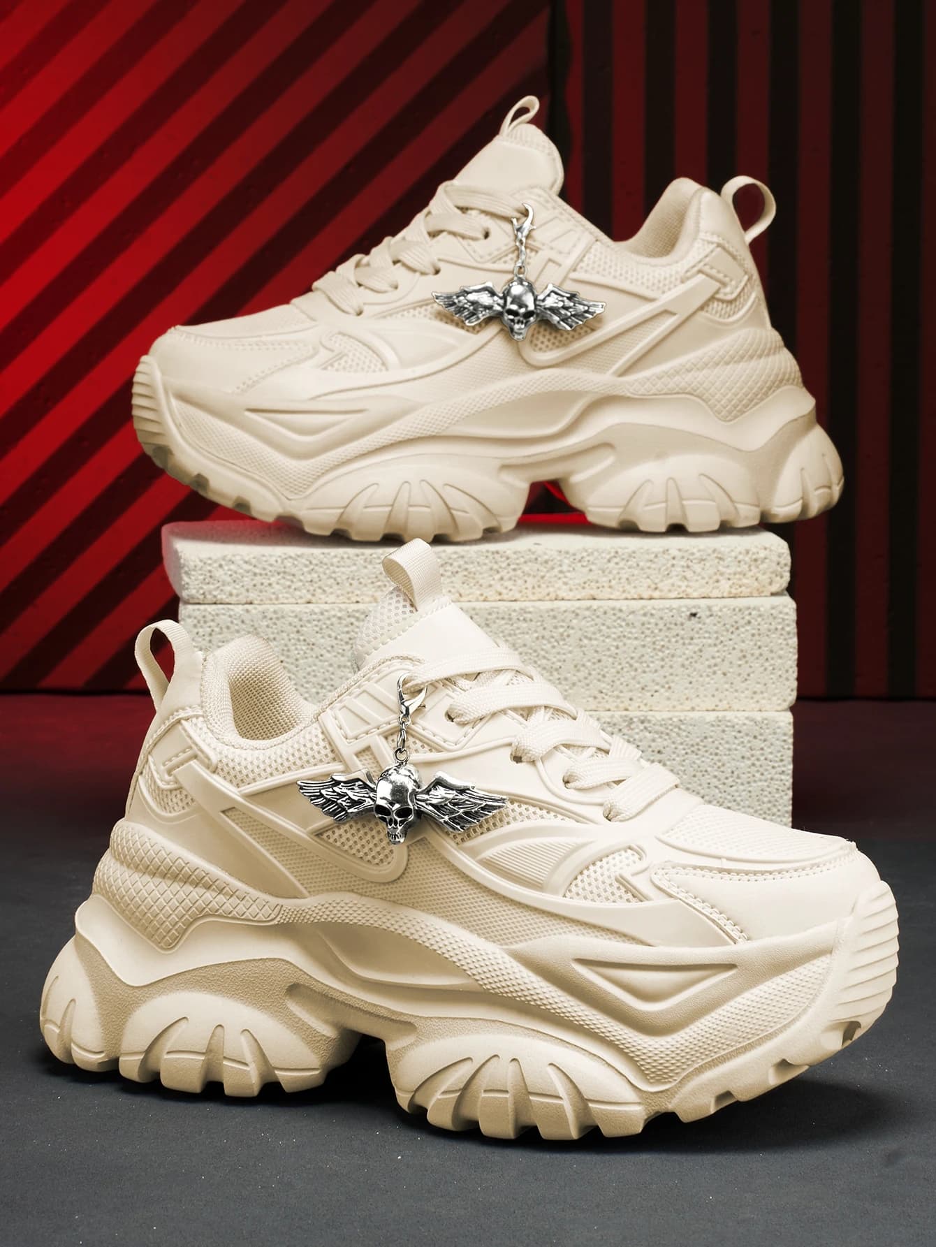 Women's 2026 New Sweet-Cool Y2K Gothic Style Off-White Thick-Soled 7cm Height-Increasing Dad Shoes, High Street Subculture Trendy Versatile Casual Sneakers, Featuring a Lightweight Breathable Mesh Upper, Detachable Retro Silver Angel Skull Metal Pendant, Eva Serrated Outsole, Suitable for All Seasons, Trendy Shoes for Everyday Commuting, Parties, and Various Occasions