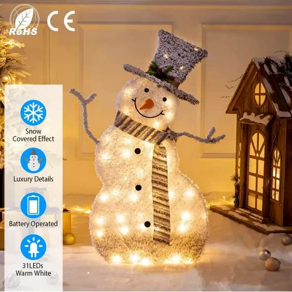 Decorazione natalizia pieghevole con pupazzo di neve a LED, 31 pupazzo di neve per interni ed esterni illuminato a LED bianco caldo con sciarpa, floccaggio alimentato a batteria