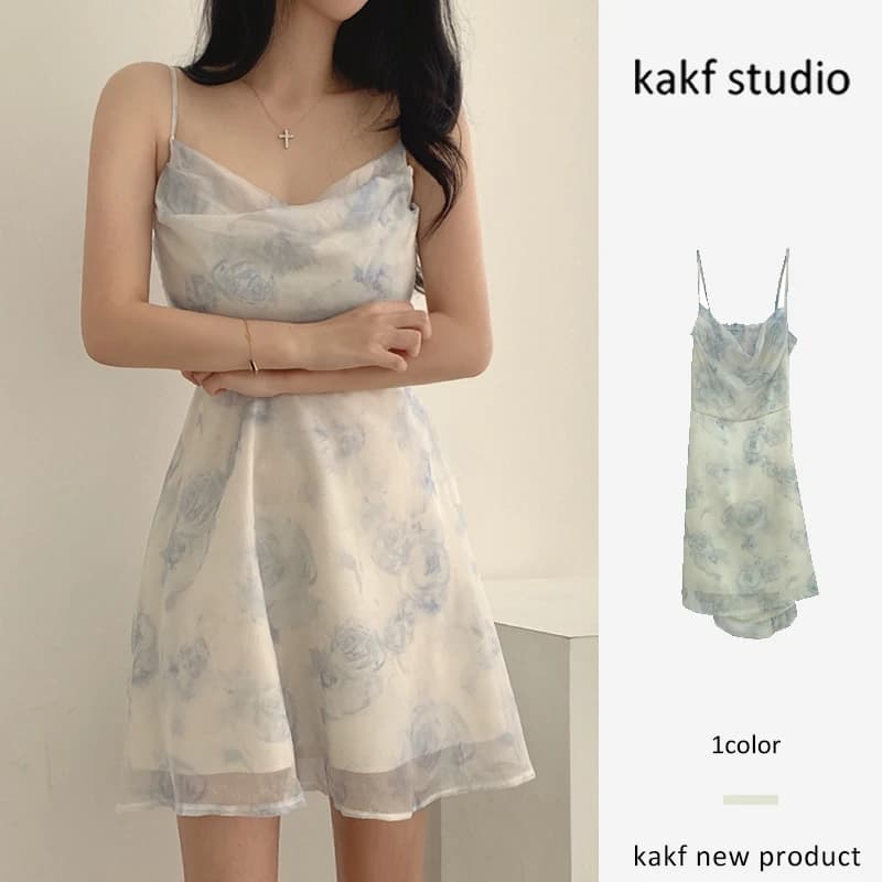 Chic Summer Freshwater Ink Painting Print Hollow out Backless Sleeveless Small Size Chiffon Halter Dress Korean Style High Wa...