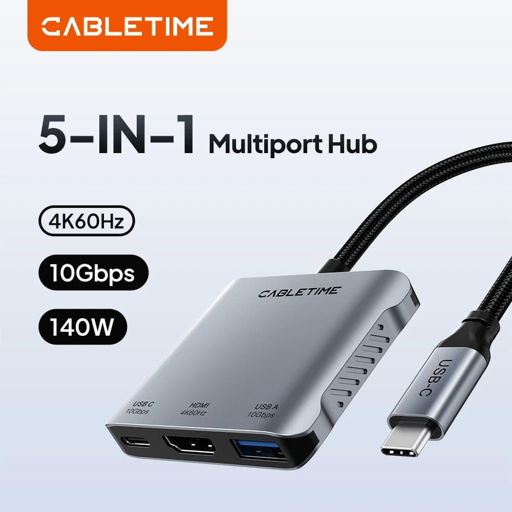 CABLETIME Hub USB C 5 in 1 4K@60Hz Adattatore HDMI Doppio Tipo C USB C 3.2 PD140W per Laptop Monitor Macbook Pro Air