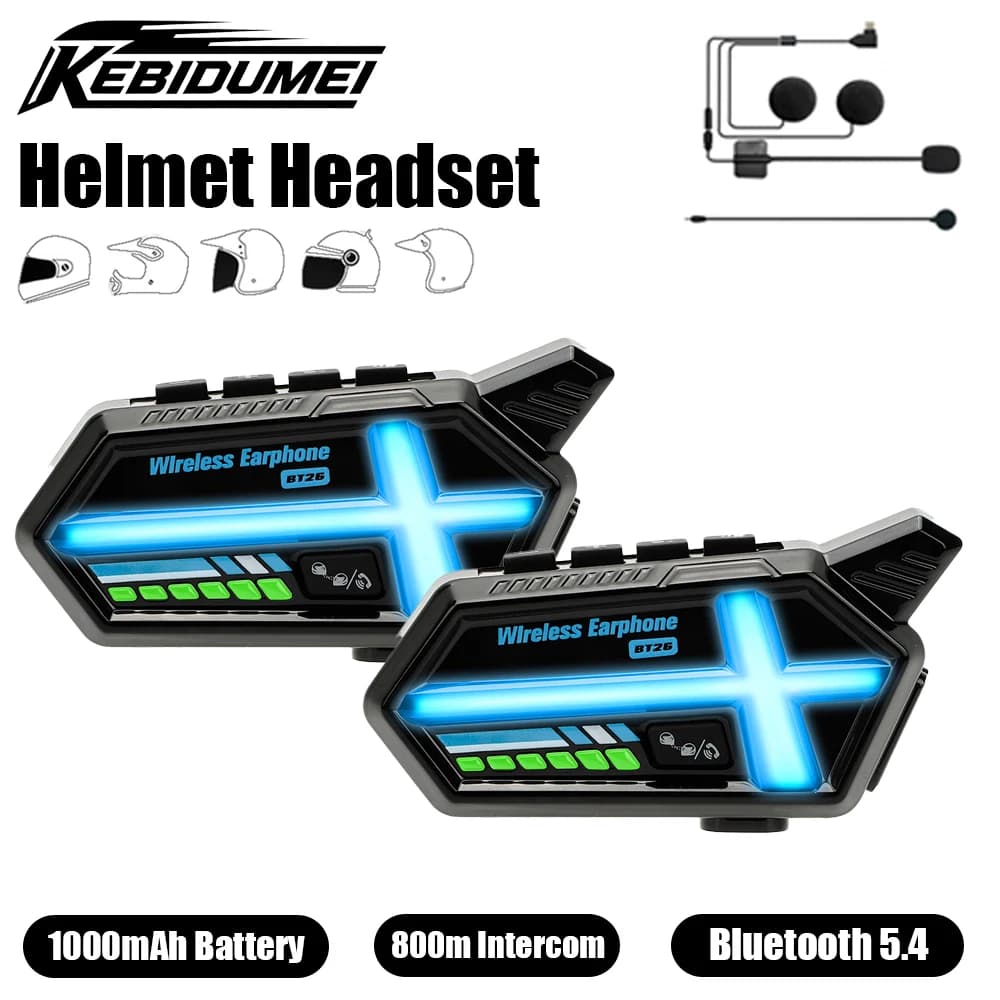 KEBIDUMEI BT26 Auricolare per casco Altoparlante Bluetooth Impermeabile 800m Interfono per moto Cuffia stereo wireless Accessori moto