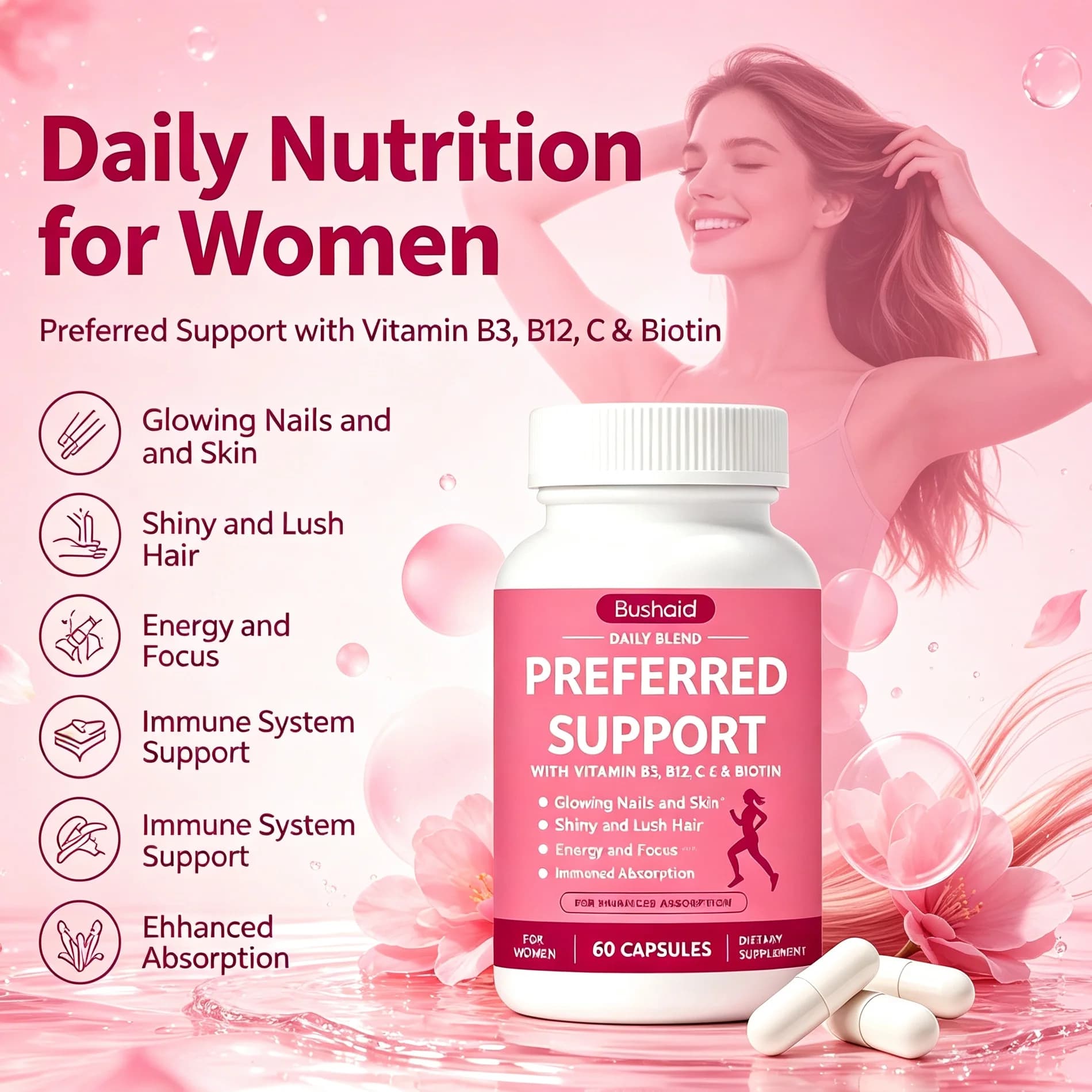 Women Daily Multivitamin Capsules Glowing Skin Shiny Hair Nail Care Boost Immunity Energy Mineral Vitamin Supplement for Women