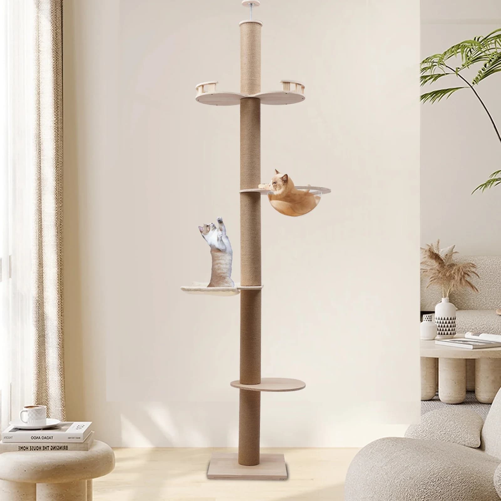 Grande albero per gatti con recinzione, baccello spaziale, amaca a forma di U e piattaforme per saltare, torre da arrampicata per gatti dal pavimento al soffitto per gatti da interni