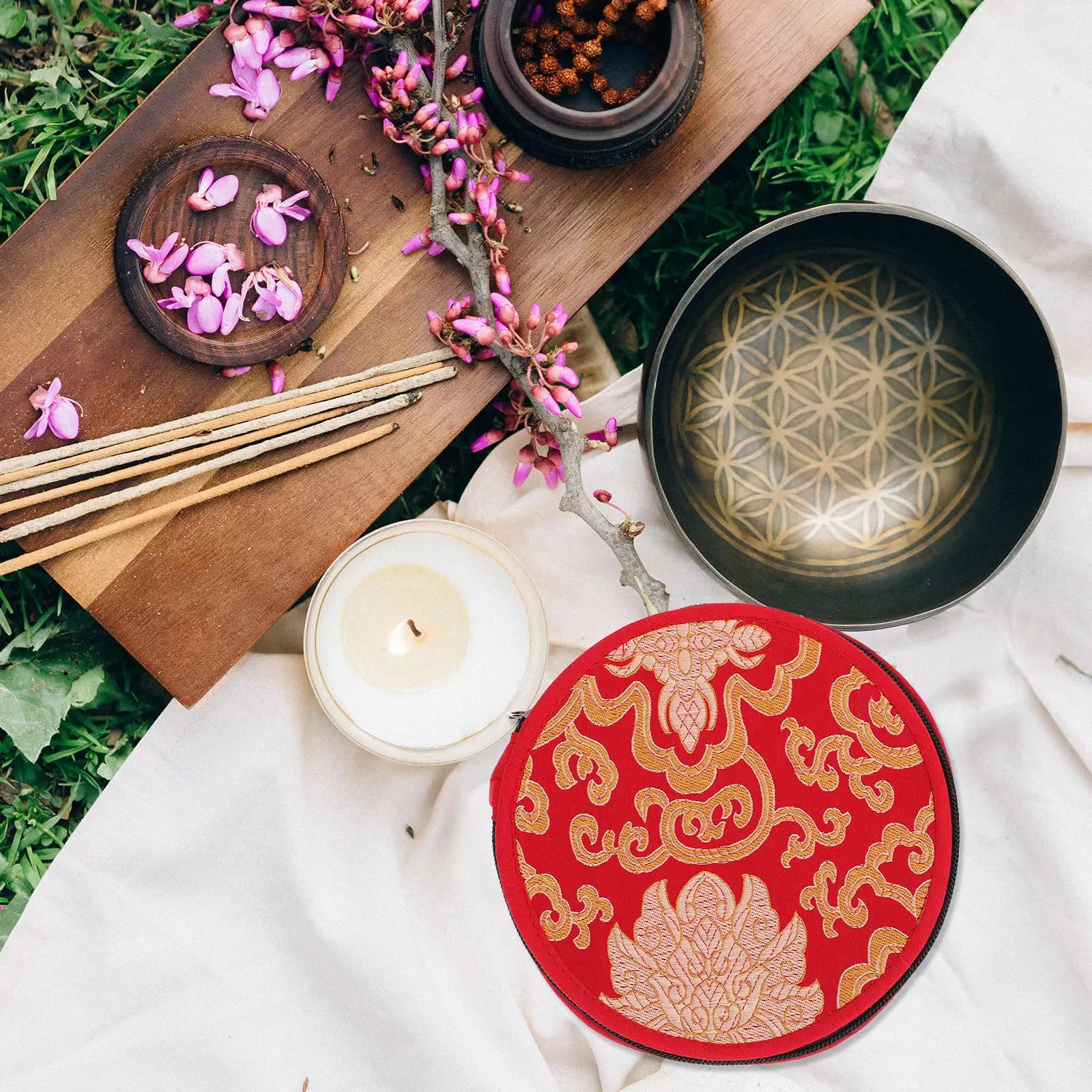 1Pcs Buddhist Singing Bowl Case Tibetan Style Embroidered Cloud Luxury Mat Carrying Storage Bag Meditation Sound Bowl Holder