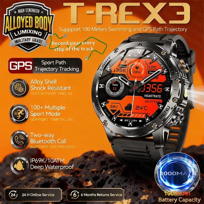 Smartwatch T-REX3 2026 con Batteria Grande da 1000mAh, GPS, Torcia Potente, Impermeabile IP68, Chiamate BT, Orologio Sportivo per Uomo