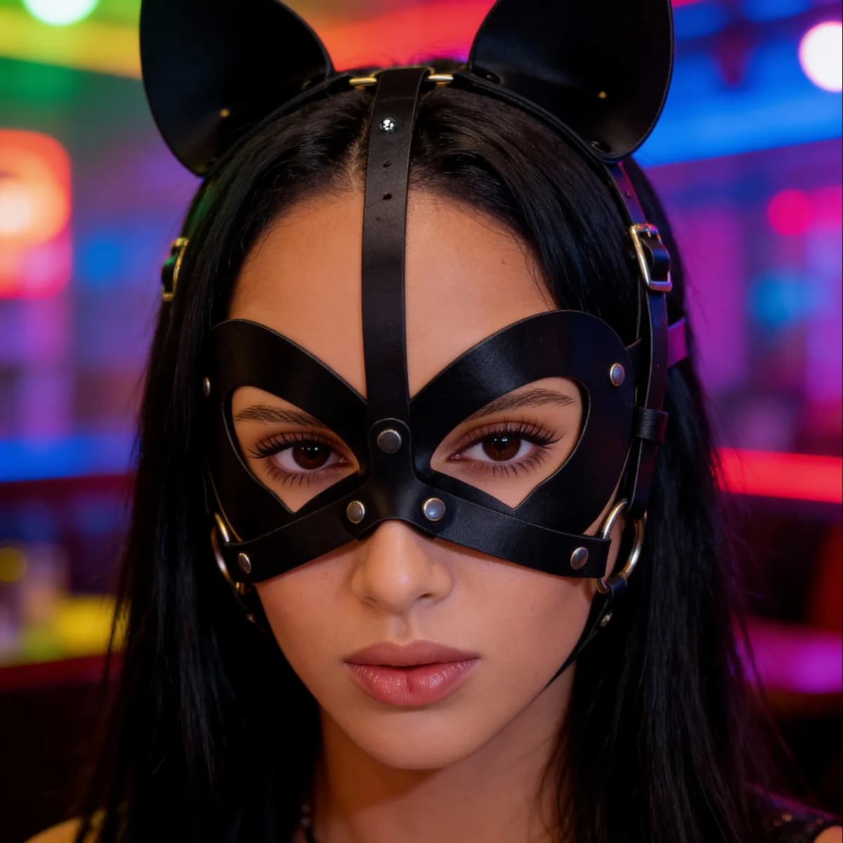Rebellious Cat woman Mask: Riveted Leather Face Covering with Cat Ears for Edgy Cosplay