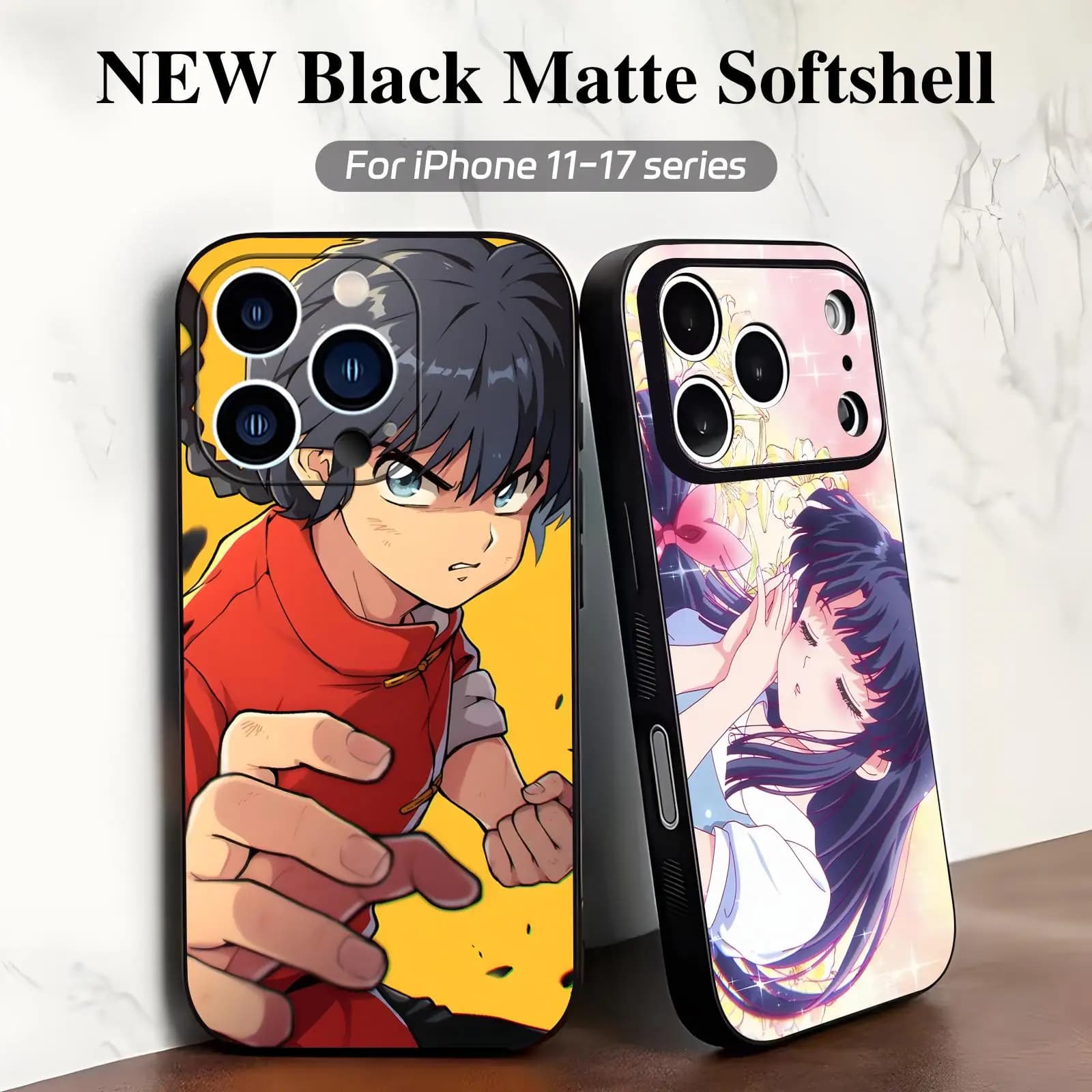 Custodia Morbida Anti-Caduta Nera per iPhone 17 16 16e 15 14 13 12 Plus Mini Pro Max - Anime Ranma