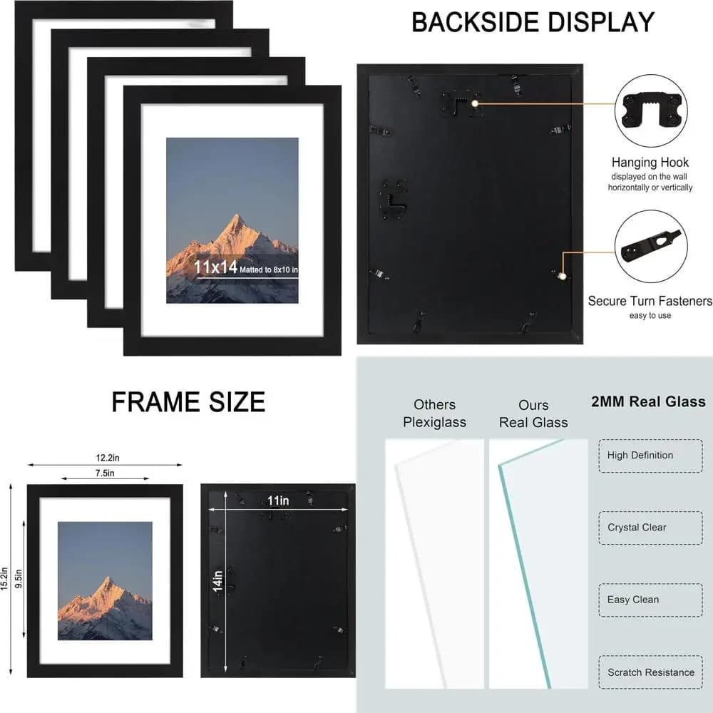 Set of 4 Black Frames, 11x14 for Photo 8x10 with or without Passepartout, Hanging Frames for Wall Style Gallery