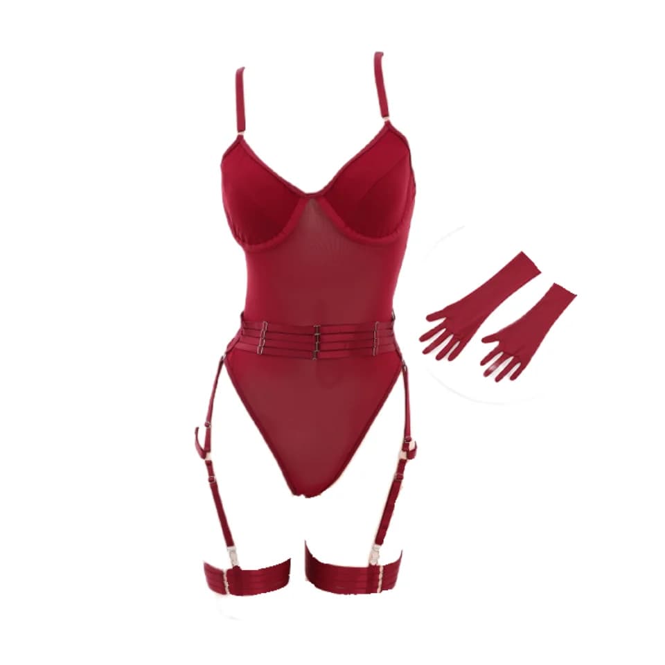 Set di lingerie sensuale sexy per le donne Vedi attraverso la tuta attillata in pizzo a rete con guanti Giarrettiera Biancheria intima squisita Costumi sexy